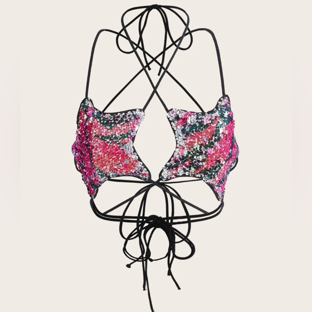 Pink & Black Star Sequin Cutout Festival Top